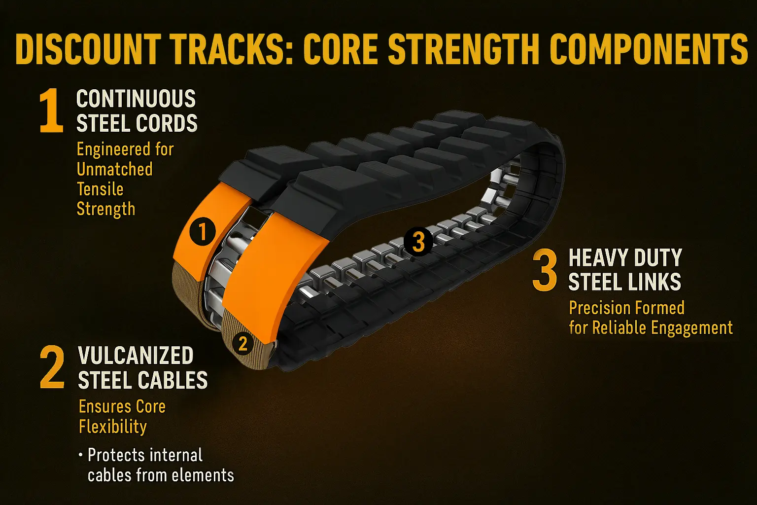 Toro Dingo TRX15 Premium Rubber Track 2 Cross-section of Discount Tracks rubber track showing core strength components.