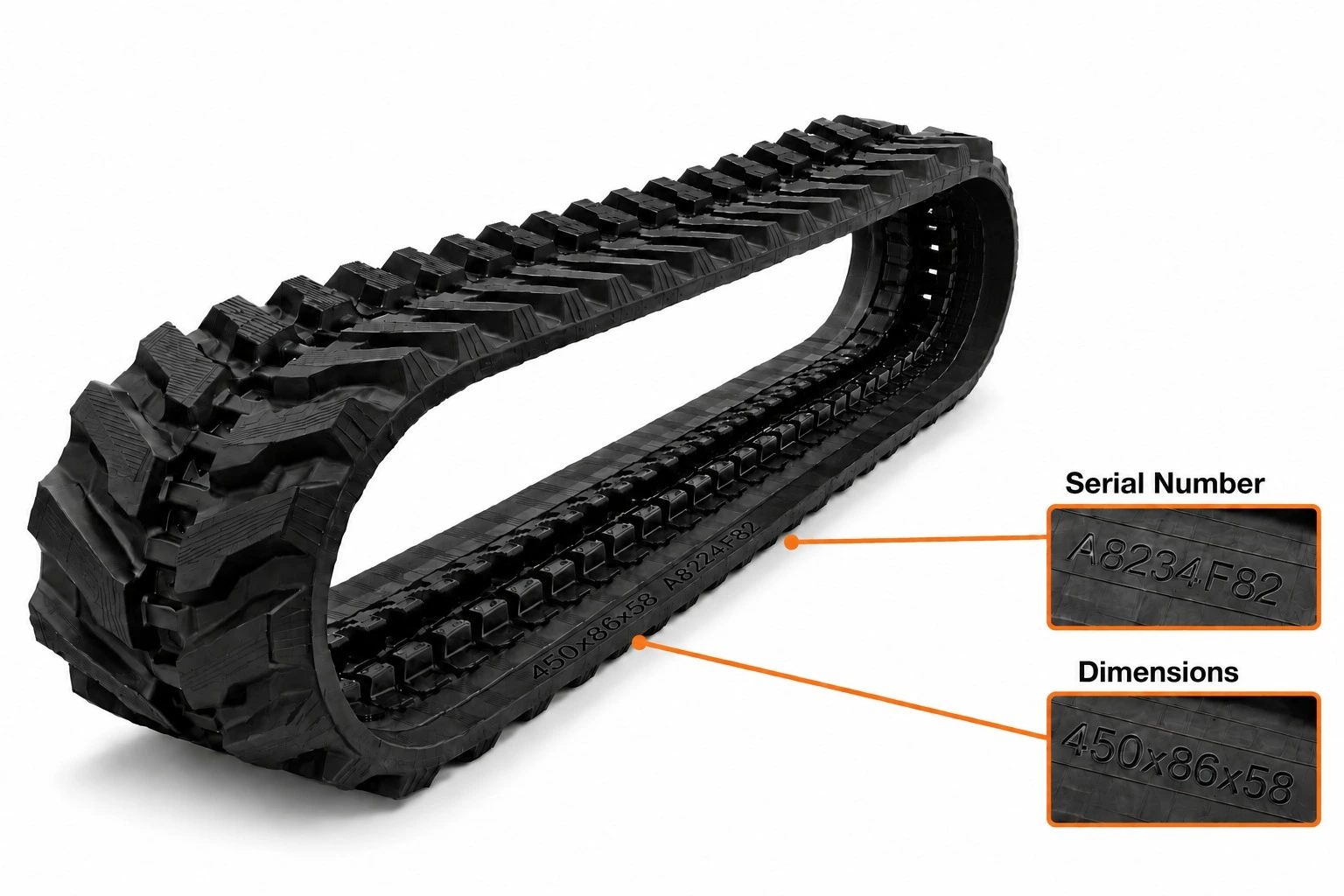 Rubber track showing where the serial number and dimensions are stamped on the sidewall